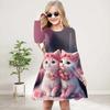 Girl Casual 3D Print Pink Cat Round Neck Long Sleeve Dress Kid Princess Dress