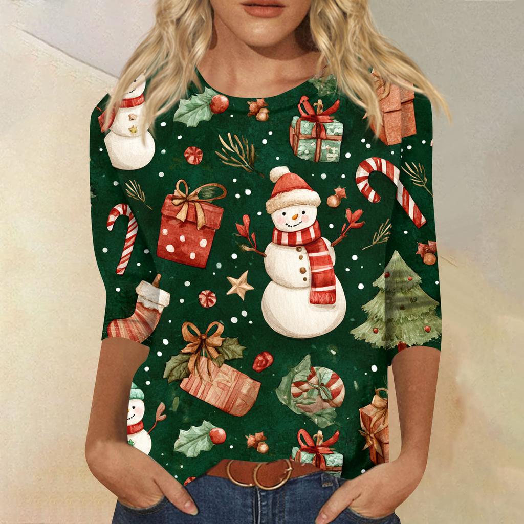 Women's Fashion Casual Round Neck Three-quarter Sleeve Christmas Print T-shirt Top
