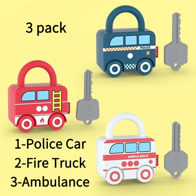 Montessori Lock Board Toy - 3 Car Shape Keys & Buckles, Fine Motor Skills Learning for Toddlers