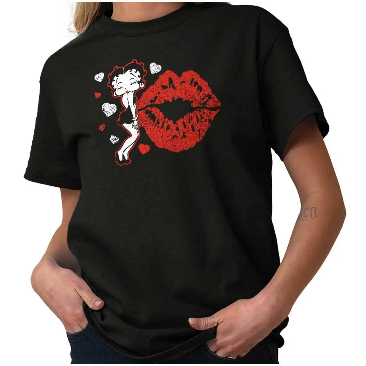 Betty Boop Cartoon Blow Kisses Lips Hearts Womens Graphic Crewneck T Shirt Tee XXXL