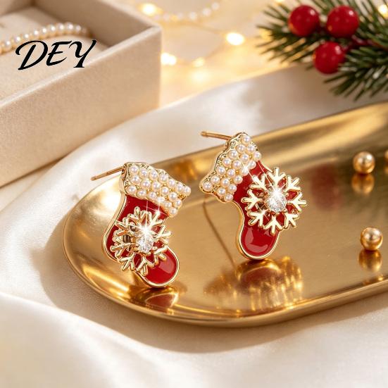 Christmas Gift for Her 1 Pair Red Stocking Stud Earrings Women, Sparkly Rhinestone Enamel Cute Snowflake Studs Sock Shaped Earring with Snowflake,
