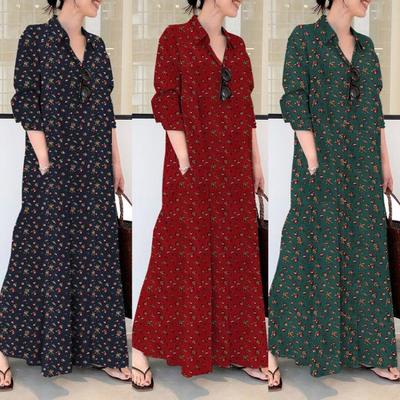 Spring Womens Dresses for Women Print Dress Long Sleeve Shirt Dress Casual Loose Robe Lapel Dress Muslim Dresses Plus Size S-5XL
