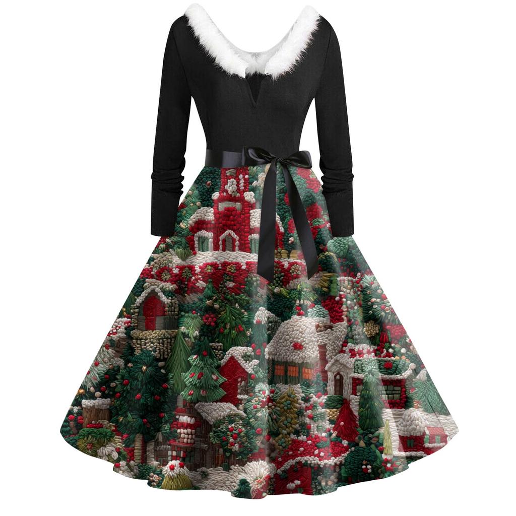 Women's Fashion Round Neck Casual Slim Christmas Printed Long Sleeve Dresses