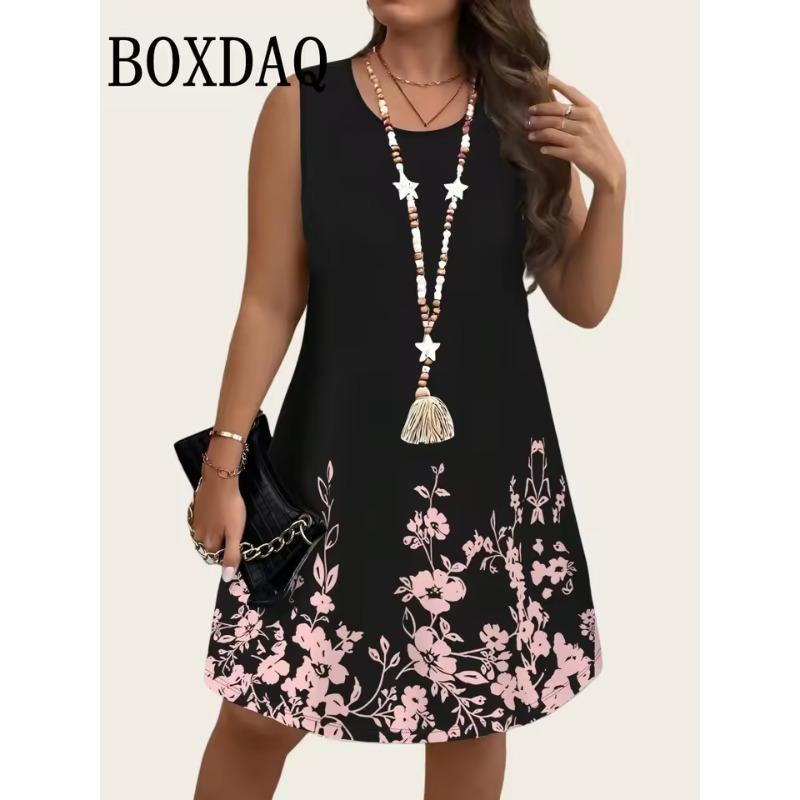 Summer Women's Sleeveless Dresses Loose Plus Size Dress Beach Vacation Casual Tank Floral Print Women A-Line Dresses