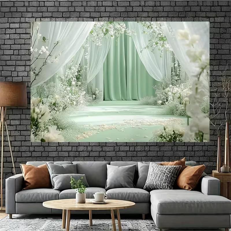 2D Sage Green Curtain Backdrop White Flower Wedding Photography Background