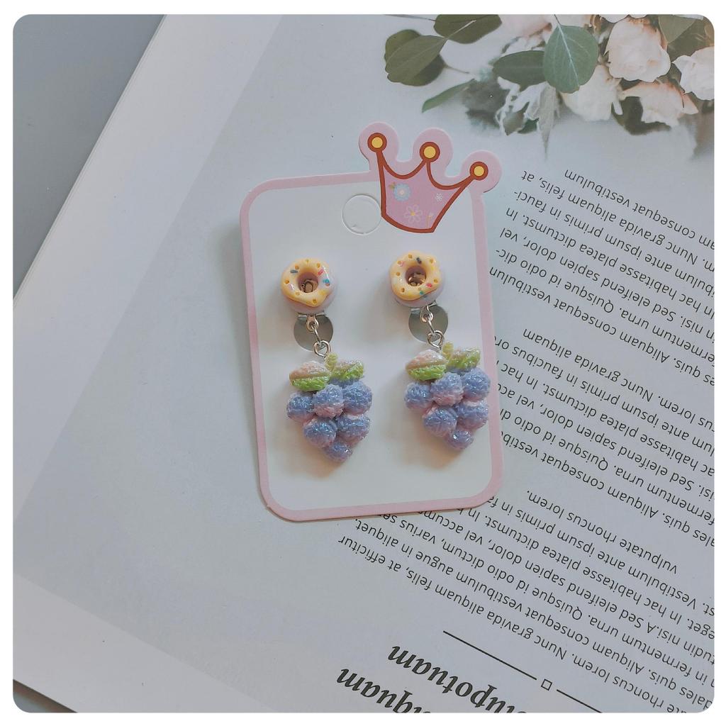 Children's Cute Fruit Candy Donut Ear Clips - Sweet Cartoon Faux Wool Student Earrings
