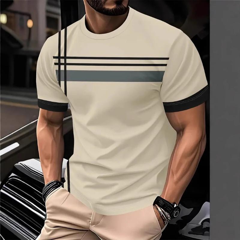 Men's Fashion 3D Stripe Printed T-shirt Micro Elastic Breathable Short Sleeve Outdoor Sports Speed Drying Large Size Top