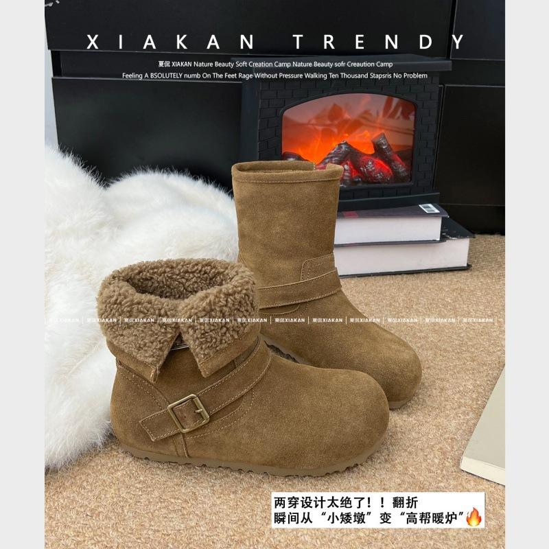 Inner height increase! Short boots hairy boots women's autumn and winter warm piled cotton boots snow boots turned over two women's boots