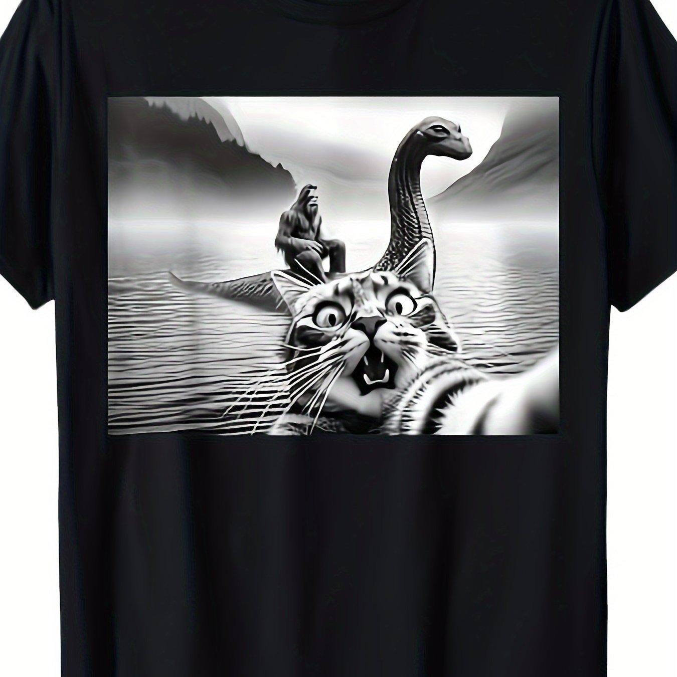 Funny Bigfoot Loch Ness Cat Selfie Graphic Tee Casual Print Soft Cotton TShirt S