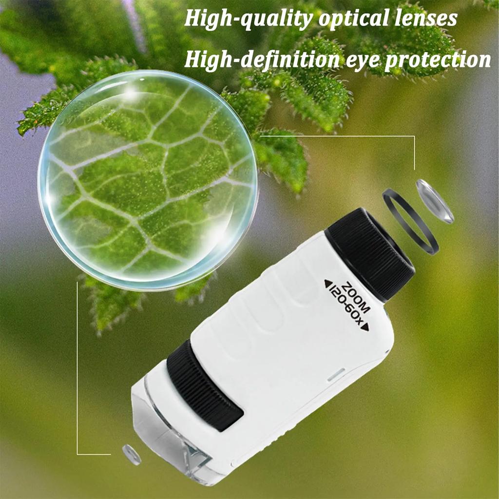Håndholdt Mikroskop Mini Lommemikroskopsett 60-120x Lab Mikroskop Zoomhjul Justerbart med LED for Barn Pedagogisk