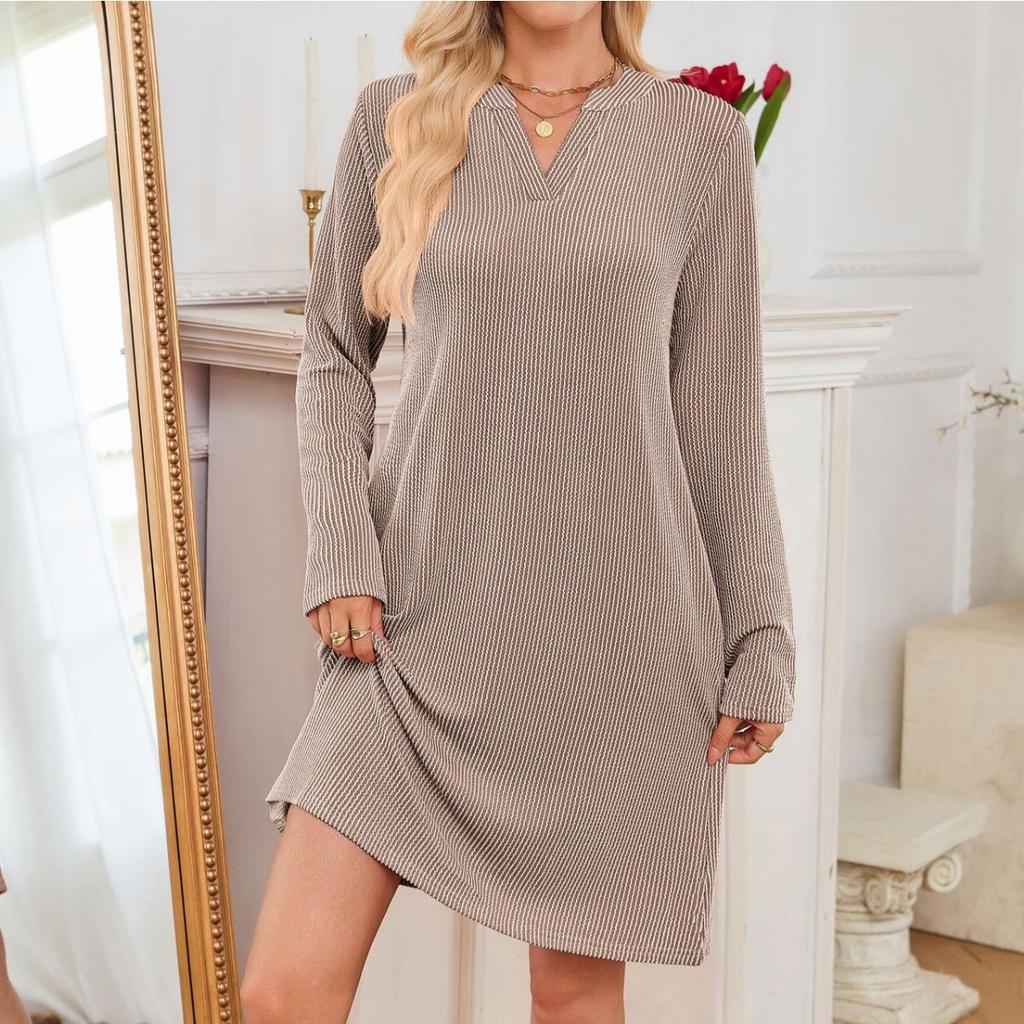 Fall Winter Women's Loose V-neck Long Sleeve Pocket Casual Loungewear Dress, European American Crossbody Fashion
