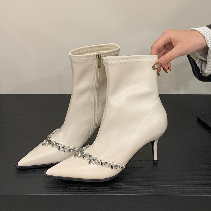 Fashion Fashion Rhinestones Women Ankle Modern Boots Thin Heels Shoes Pointed Toe Ladies Short Boots Zippers Shoes Female Pumps lady