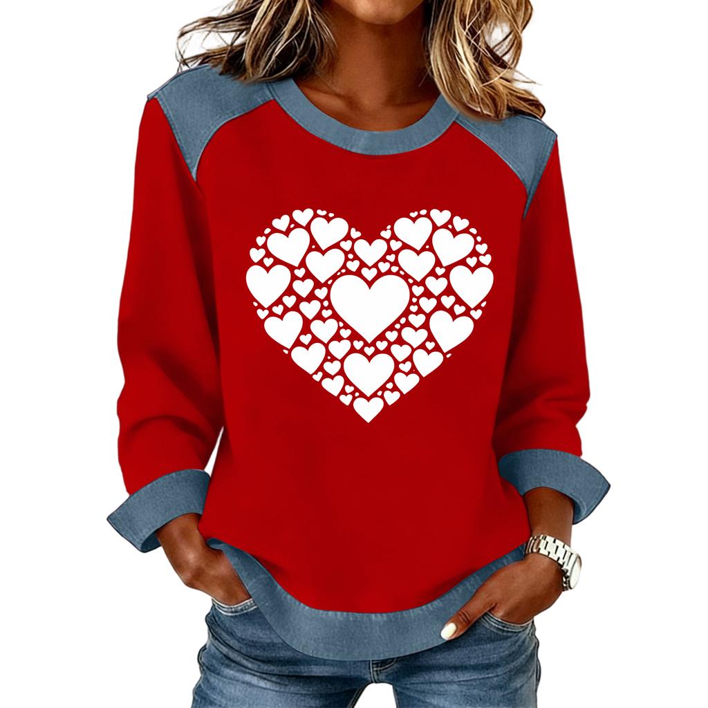 Women Denim Collar Patchwork Stitching Sweatshirt Casual  Pullover Long Sleeve Shirts