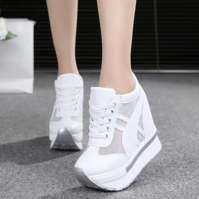 Fashion Women Platform Sneakers 2025 Summer Breathable Mesh Shoes Women Wedges Heels Casual Shoes 11 CM Thick Sole Trainers White Shoes