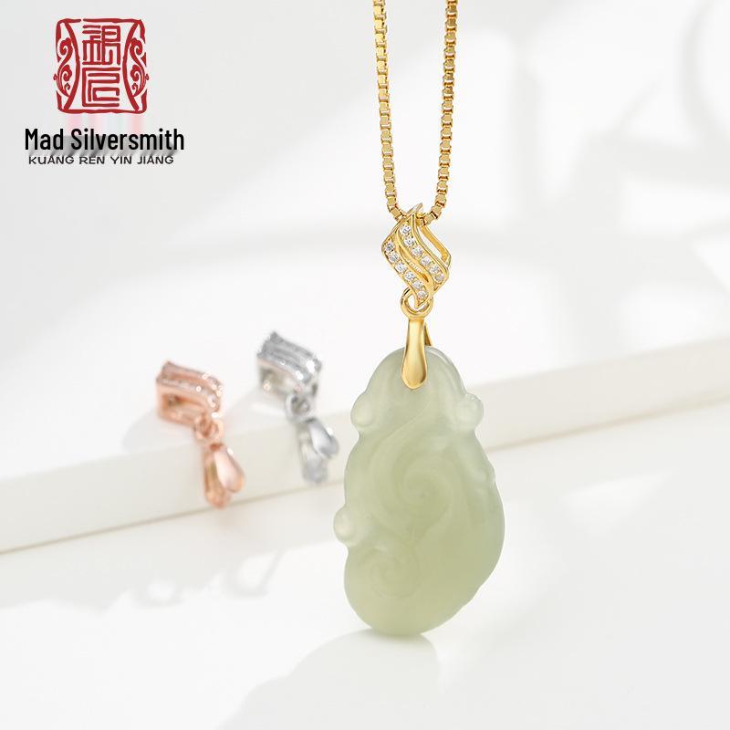 

925 Sterling Silver Jadeite Jade Clasp Necklace Pendant with Buddha Head Design 925 Sterling Silver