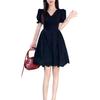 Plus Size Elegant Hollow Patchwork Black Dress, Short Sleeve, French Style, Waist-Cinching Slimming