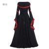 Mittelalterliches Retro-Kapuzenkleid, Eckiger Ausschnitt, Schnürung, Glockenärmel, Weiter Rock