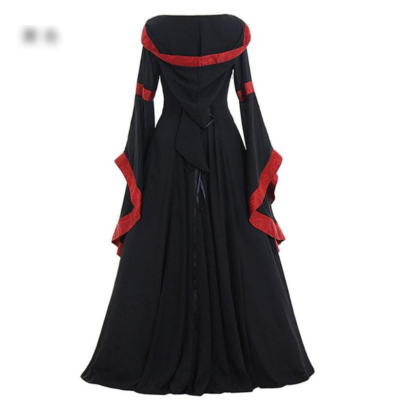 Mittelalterliches Retro-Kapuzenkleid, Eckiger Ausschnitt, Schnürung, Glockenärmel, Weiter Rock