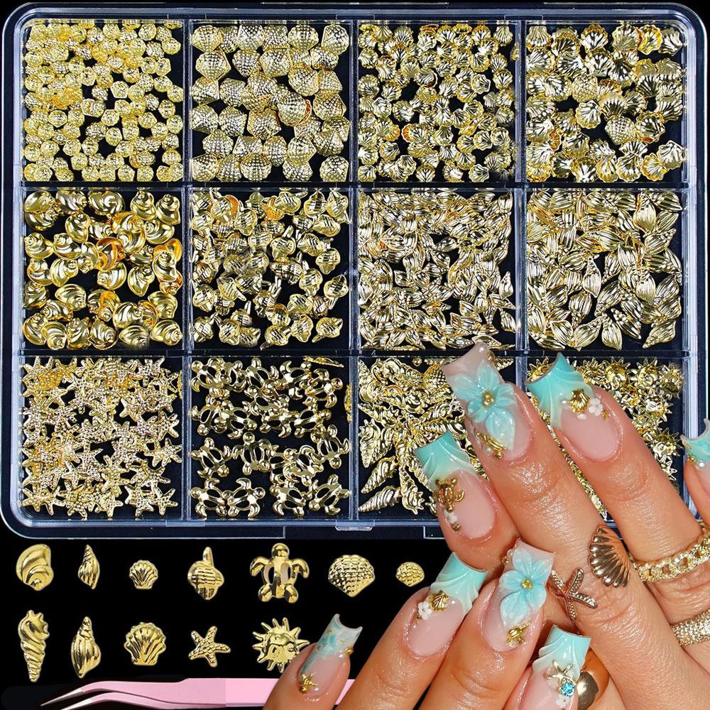 12grids 3D Cute Ocean Theme Nail Rivets Charms Metal Gold Shell/Starfish/Conch/Turtle Nail Studs Flatback Manicure Nail Supplies