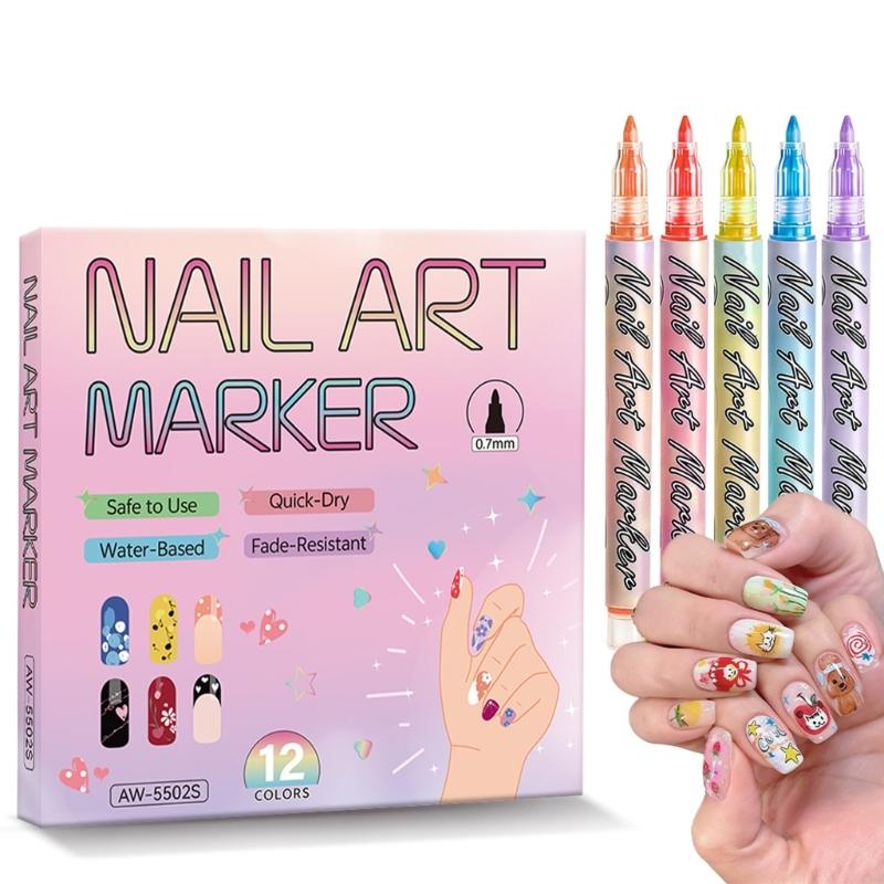 12 Color Quick Dry Nail Art Pens Fine Tip for Precise Drawing Not Require Lamp Water Based Safe for DIY Manicures