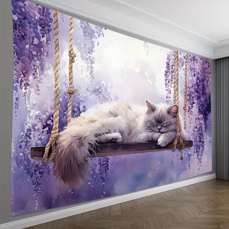 

2D Wisteria Cat Swing Tapestry, Dreamy Purple Floral Wall Decor Background 47.2x31.5inch/120*80cm
