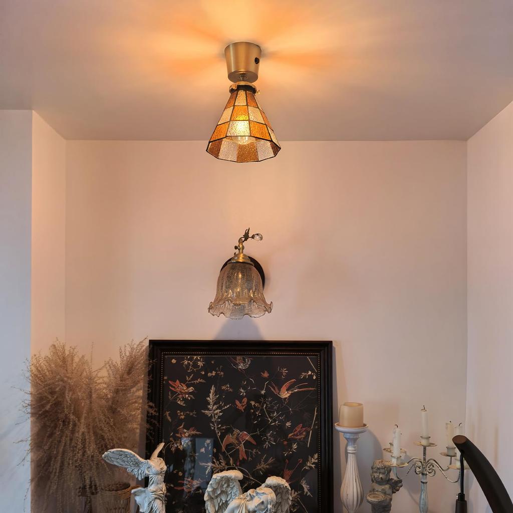 compact ceiling light with a colored glass brass socket LED Nordic retro perfect for living or Easy installation not Brown Stylish, shade, (E14 base),