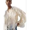 Summer Sexy Women's Translucent Ruffles Blouses Fashion V-neck Single Breasted Tierred Causal Tops Beach Style Solid Shirts