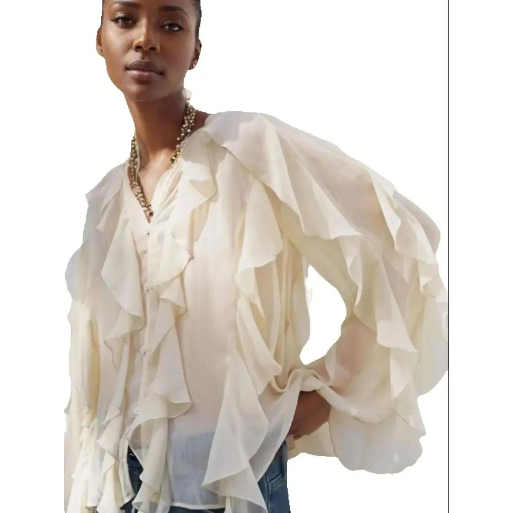 VAYLA Summer Sexy Women's Translucent Ruffles Blouses Fashion V-neck Single Breasted Tierred Causal Tops Beach Style Solid Shirts