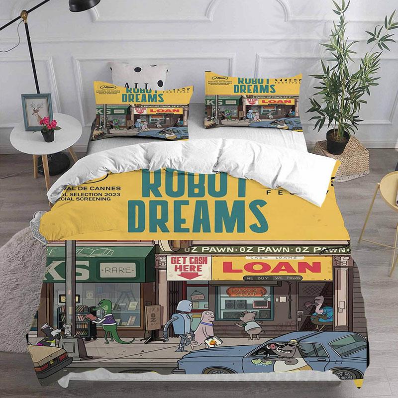 Cartoon Robot Dreams Bettwäsche-Sets, Bettdecke, Steppdecke, Bettbezug, Kissenbezug, 2–3-teilige Sets, Kinder- und Erwachsenengröße, Heimtextilien