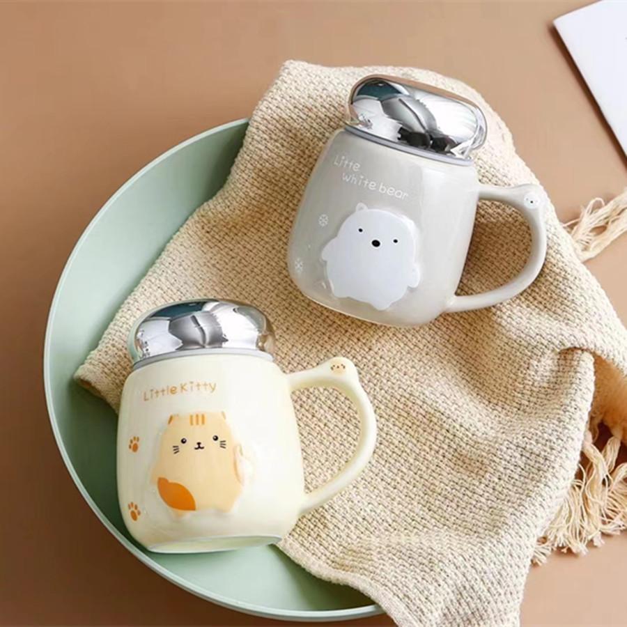 Ceramic Cup Mirror Cover Household High Value Relief Small Animal Cup Office Worker Leakproof Lid Mug