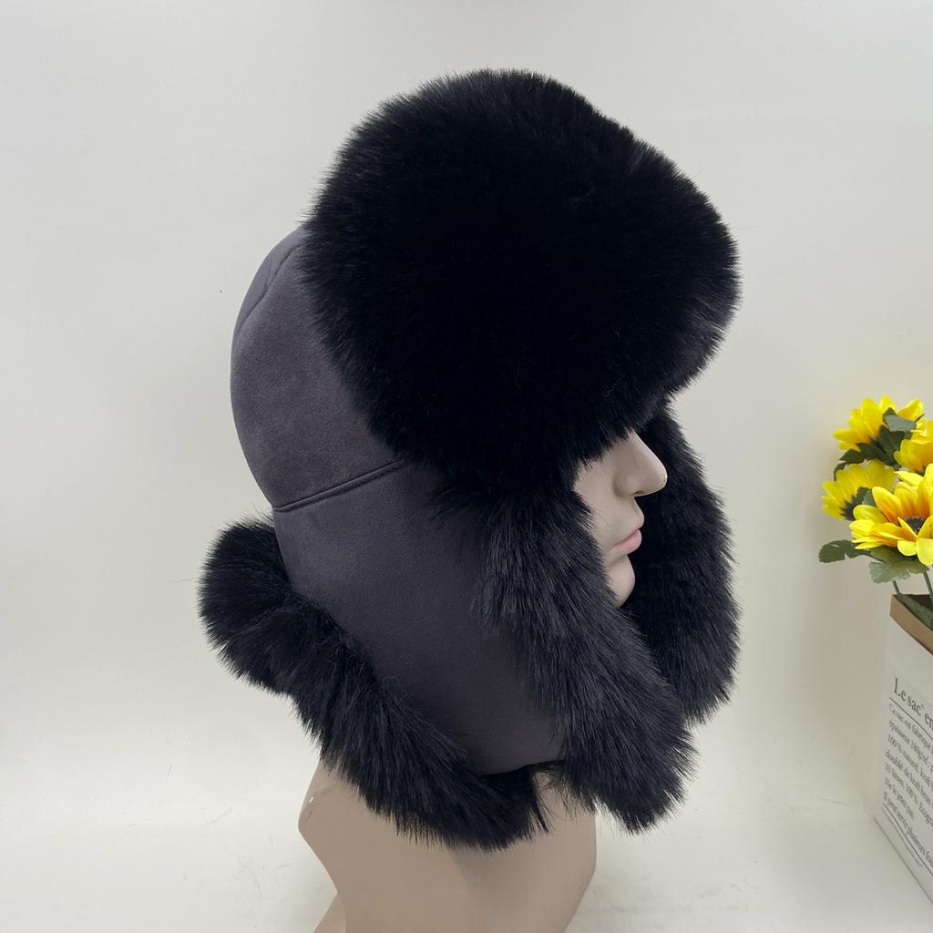 New Winter Men's 100% Fake Fox Fur Bomber Hat Faux Fur Ushanka Cap Trapper Russian Man Ski Hats Caps Cotton Lining