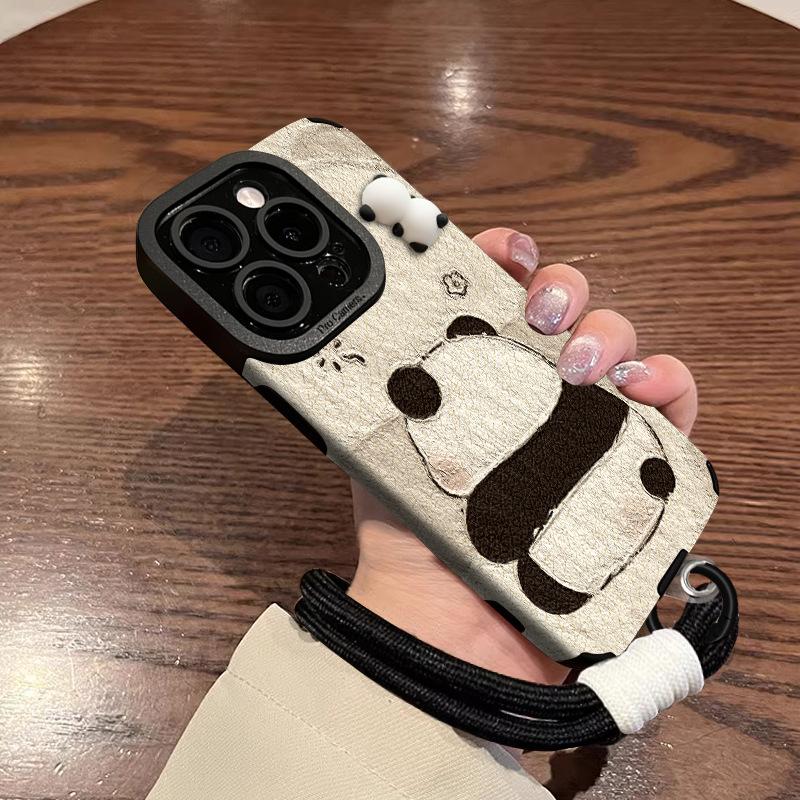 Panda Doll Bracelet Suitable for Apple 16PRO Mobile Phone Case 15 Pupil Eye Sheepskin 14 Cute Anti-fall 13 Silicone XR