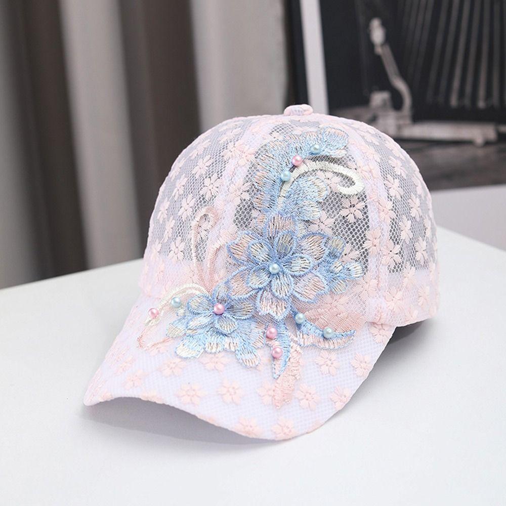 White Pink Lace Baseball Cap Embroidered Flowers Embroidery Baseball Cap  Sunscreen Protection