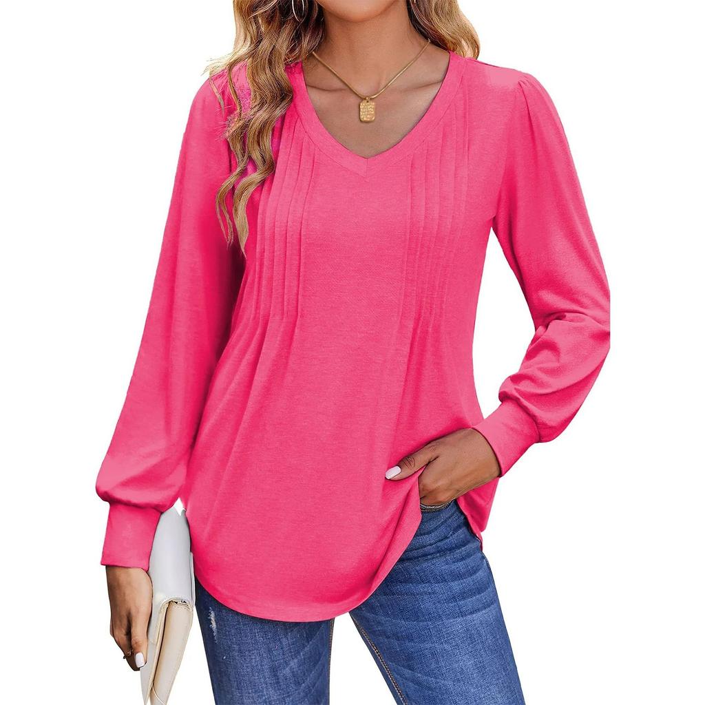 Women's T-shirt Solid Color V Neck Long Sleeve Top