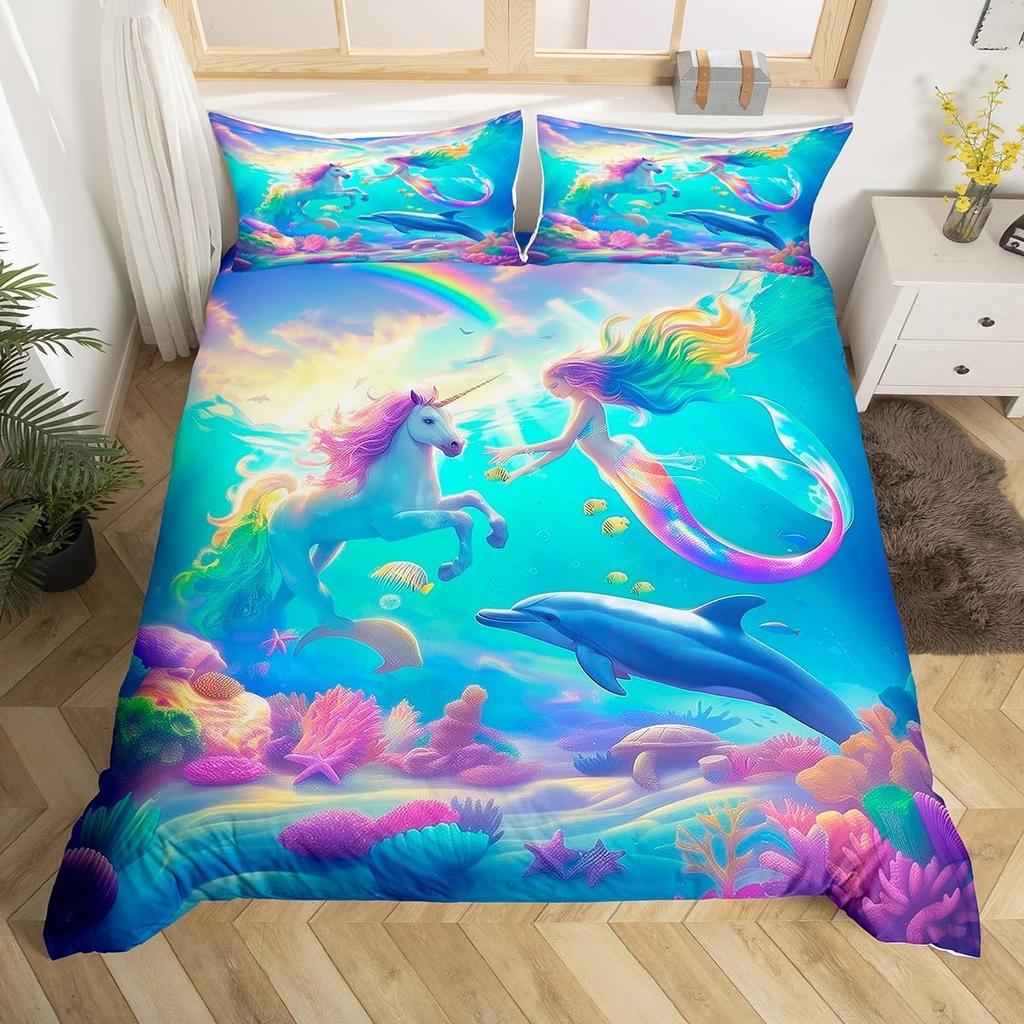 Einhorn Pferd Bettbezug Set Queen Size Träumerisches Regenbogen Bettwäsche 3 Teile Kinder Teenager Buntes Funkelndes Galaxie Set 2 Kissenbezüge