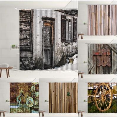 Retro Vintage Old Wooden Doors Shower Curtain Sets Western Barn Rusty Iron Lock Bamboo Bathroom Bathtub Decor Screens With Hooks