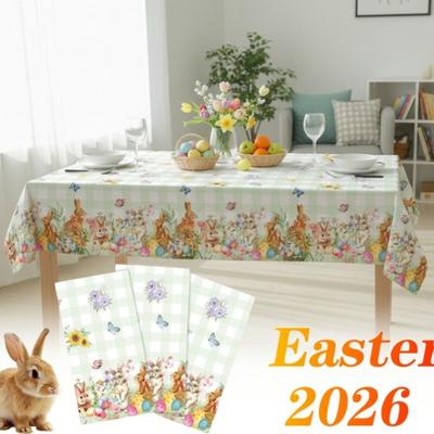 2026 Easter Bunny Tablecloth Colorful Disposable Plastic Table Cover with Rabbit and Flower Design for Party and Holiday Celebra