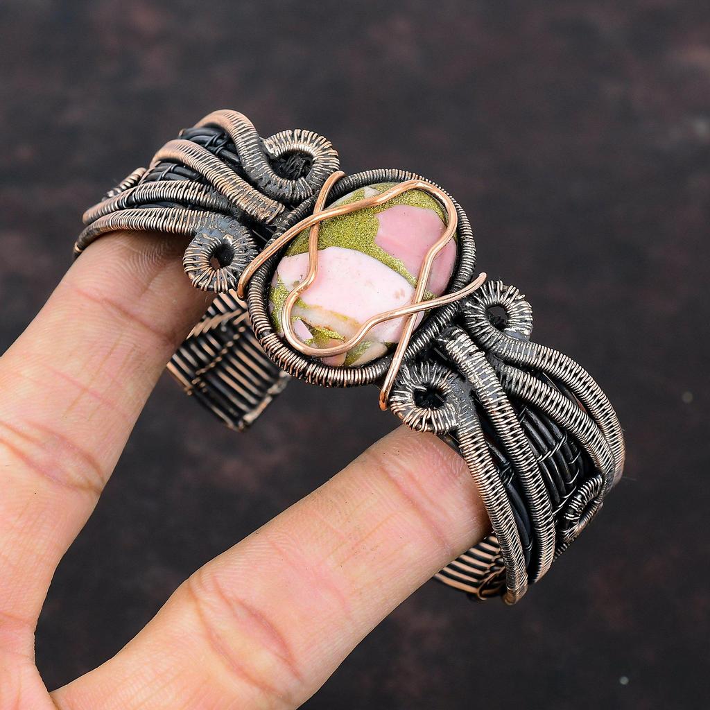 Copper Pink Opal Bangle Copper Wire Wrapped Gemstone Cuff Bracelet Adjustable Bangle Copper Jewelry Gift For Mom Handmade Brand New Bracelet