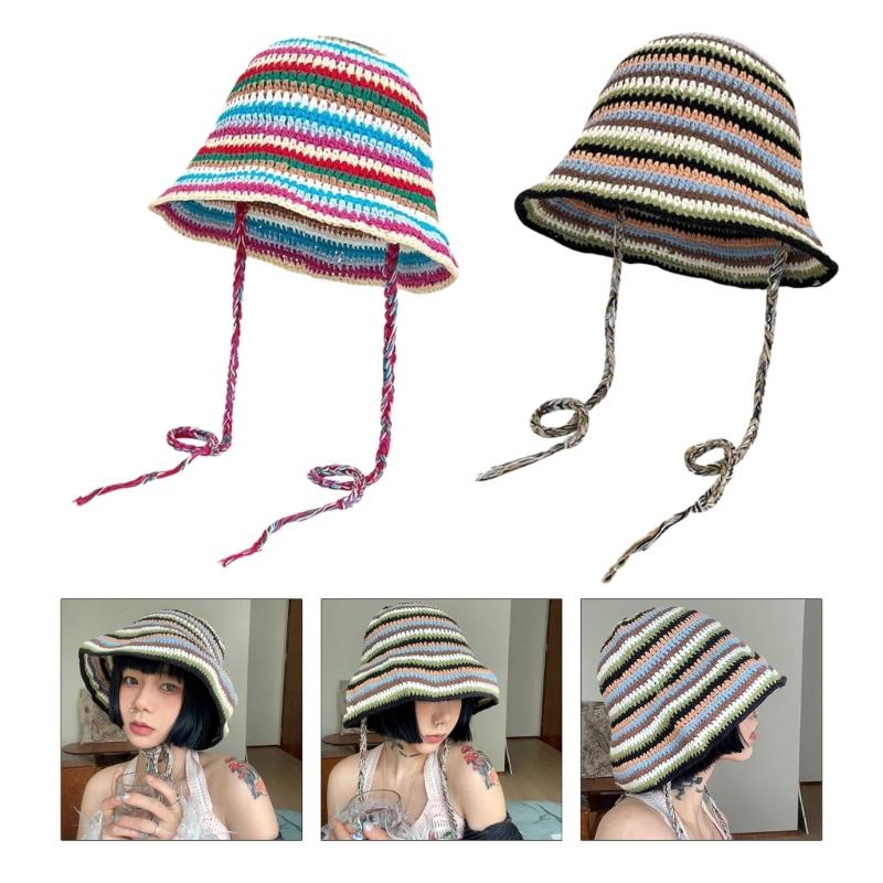 Summer Fisherman Hat for Woman Weaving Bucket Hat Crochet Stripe Pattern Cap