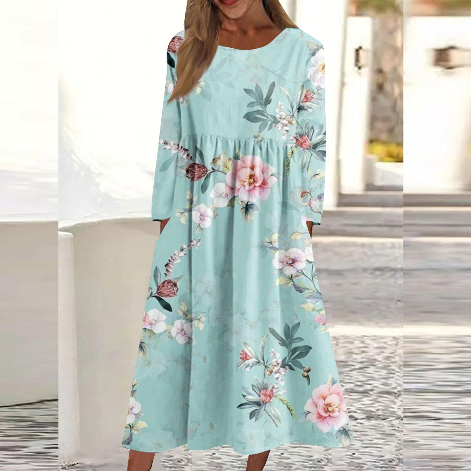 

Women s Casual -neck Print Mid-length Dress Long-sleeved Dress With Pockets M