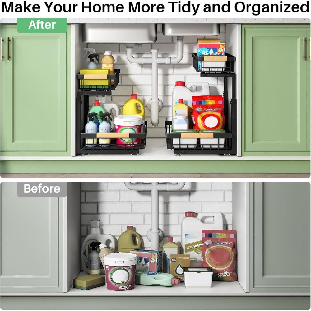 Under Sink Organizer, 2 Packs 2 Tier Under Sink Organizers and Storage, Slide Out Pull Out Cabinet Organizer Shelf, Metal Sliding Drawer for Kitchen