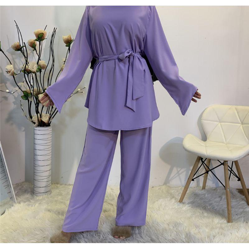 

Новое поступление Минималистичные топы с круглым вырезом Свободные брюки Набор со шнуровкой Топ Брюки широкие от бедра Набор на шнуровке Light purple S