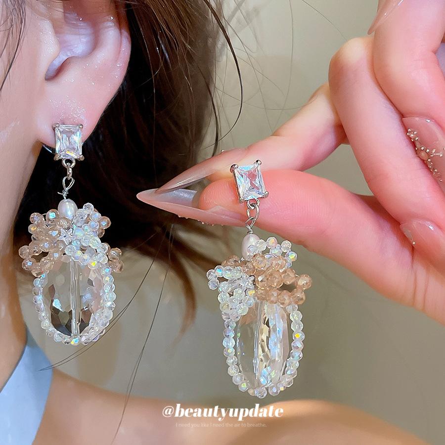 Silver Needle High-end Zircon Glass Pearl Bow Stud Earrings, Personalized Exquisite Niche Fashion Earrings