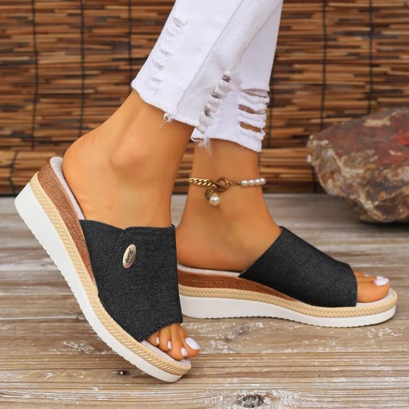 

Fashion Women Platform Beach Slippers High Heels Wedges Sandals Summer New Woman Canvas Thick Slides Sexy Pumps Slipper 43 чёрный