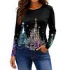 Women's Fashion Casual Slit Hem Round Neck Long Sleeve Loose Printed T-Shirt Ladies Top