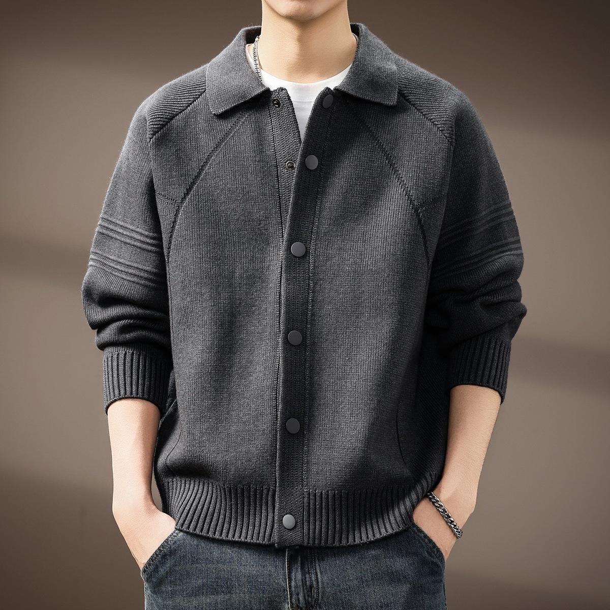 

Luxury Heavyweight Vintage-Style Men s Lapel Cardigan: Autumn/Winter Casual Knit Outerwear 2XL for 160-180 jin темно-сірий