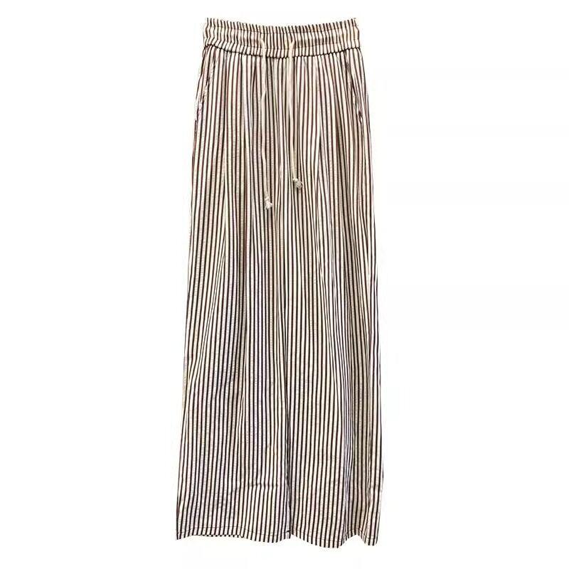 Women's Korean Pinstripe Wide-Leg Pants - Summer Casual, Loose Fit, Elastic Waist & Drawstring, Textured Straight-Leg.