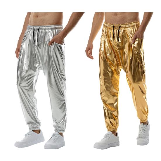 Vīriešu spīdīgas bikses ar aukliņu jostasvietā, metāliskas naktskluba ballīšu bikses deju skatuves hiphopa priekšnesumiem