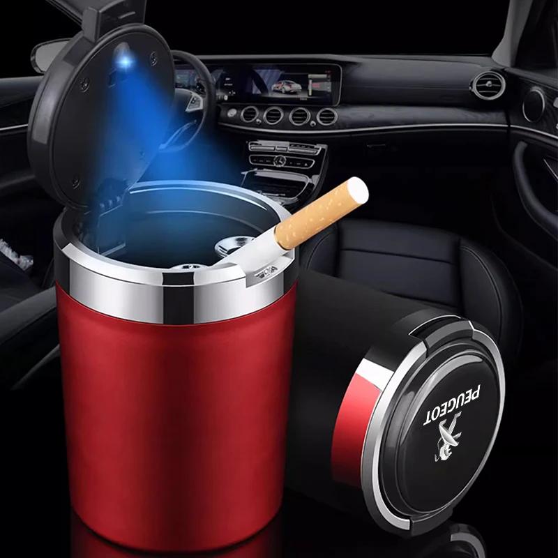 Car Ashtray with Lid Smell Proof Stainless Steel Led Portable Ashtray Cup For Peugeot 307 308 3008 207 208 407 2008 5008 107 106