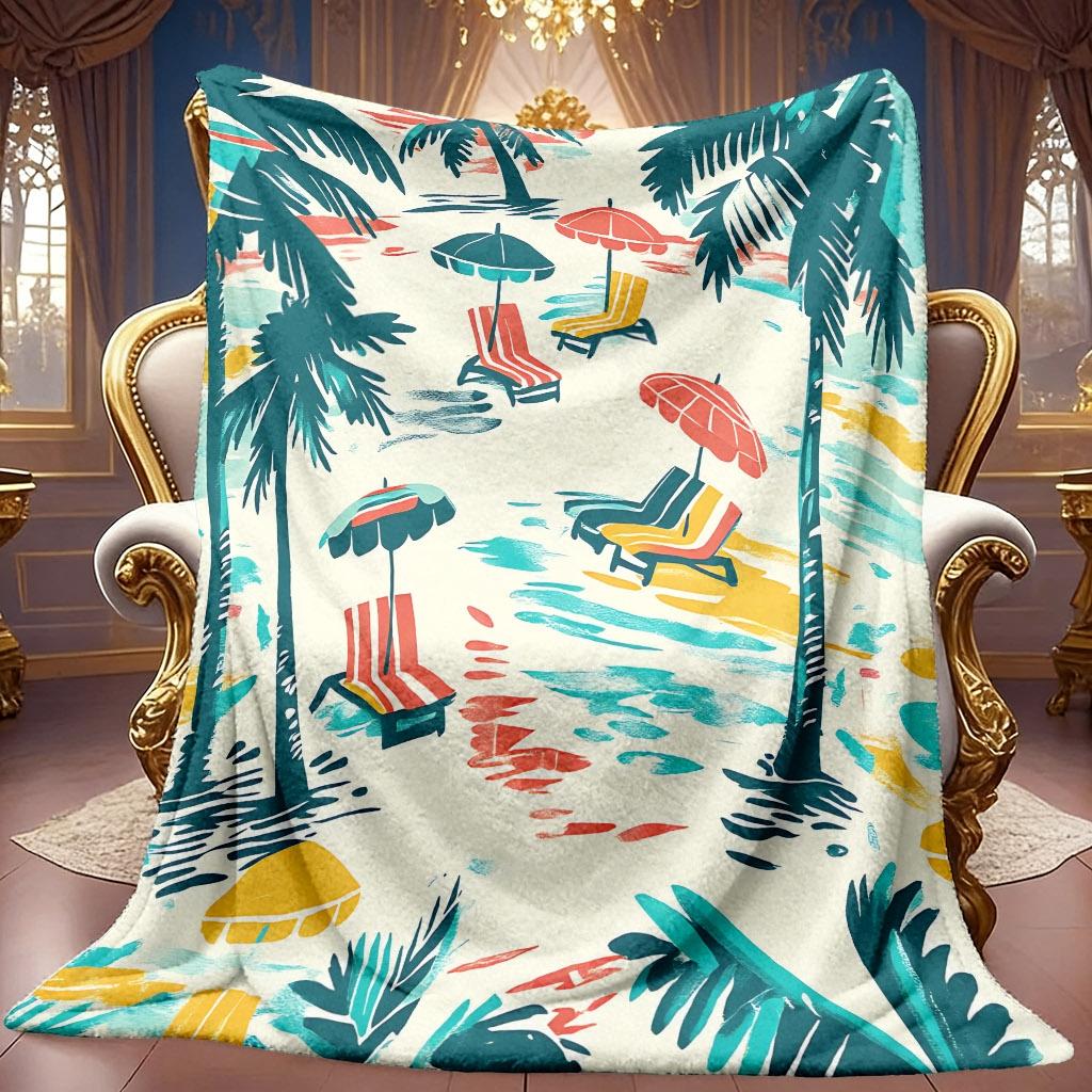 A 2D Tropical Beach Palm Tree Lounge Chair and Umbrella Themed Flannel Blanket, Featuring Soft High-definition Digital Printing. This Cooling Blanket